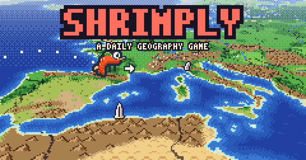 The Shrimply shrimp landing in France on a pixel-art map of Europe.