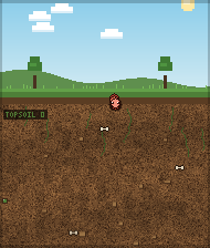 Wormillion's worm at the top of the soil, under a pixel-art sky.